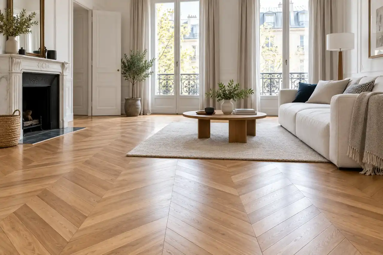 Parquet en chevron dans un séjour lumineux