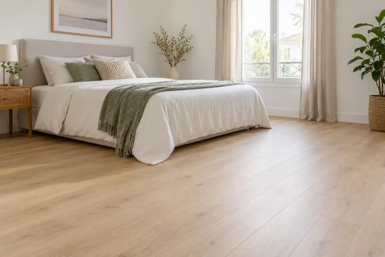 Parquet stratifié chêne clair dans une chambre, plinthes blanches