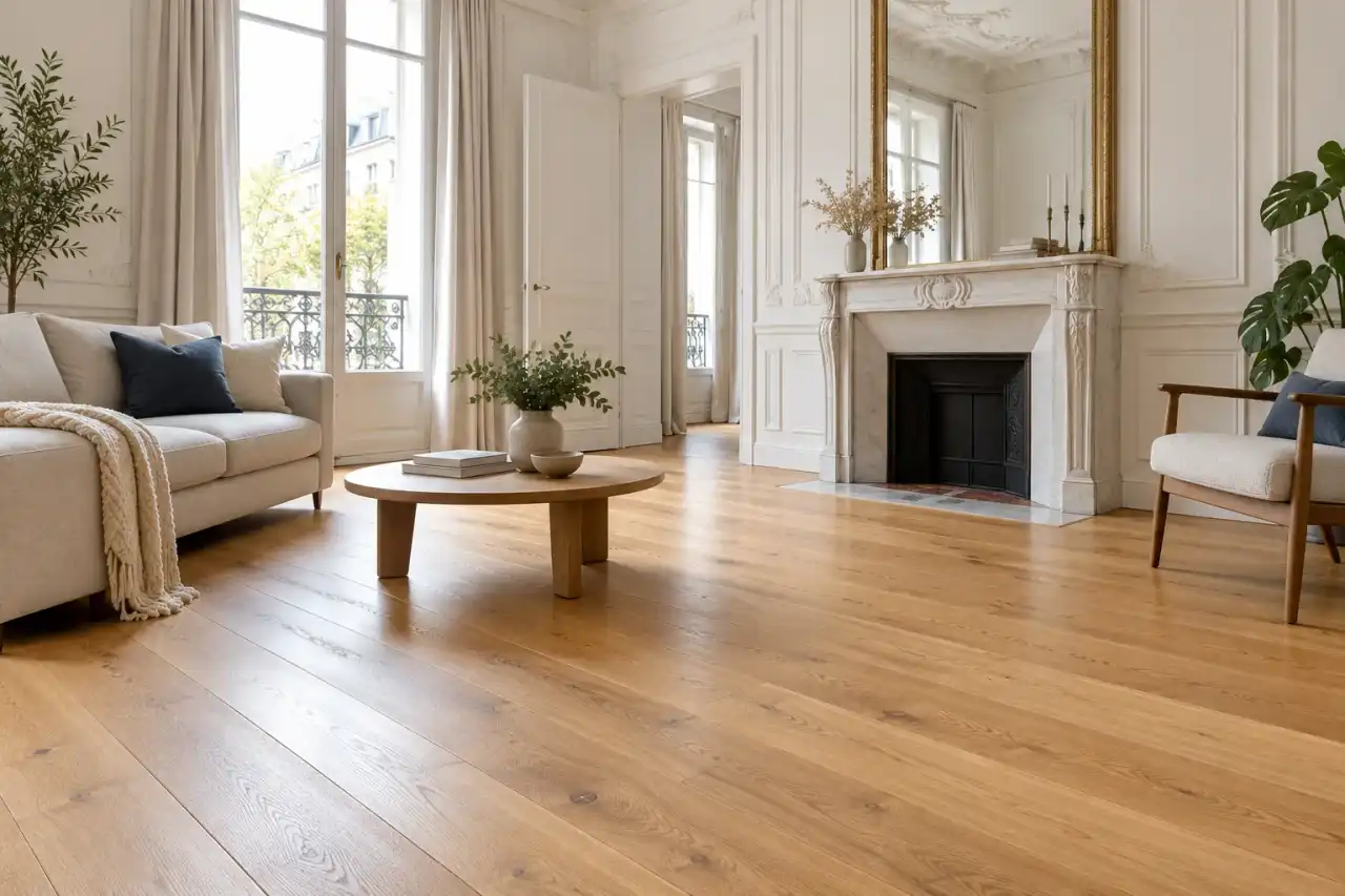 Parquet massif en chêne dans un séjour ancien à moulures