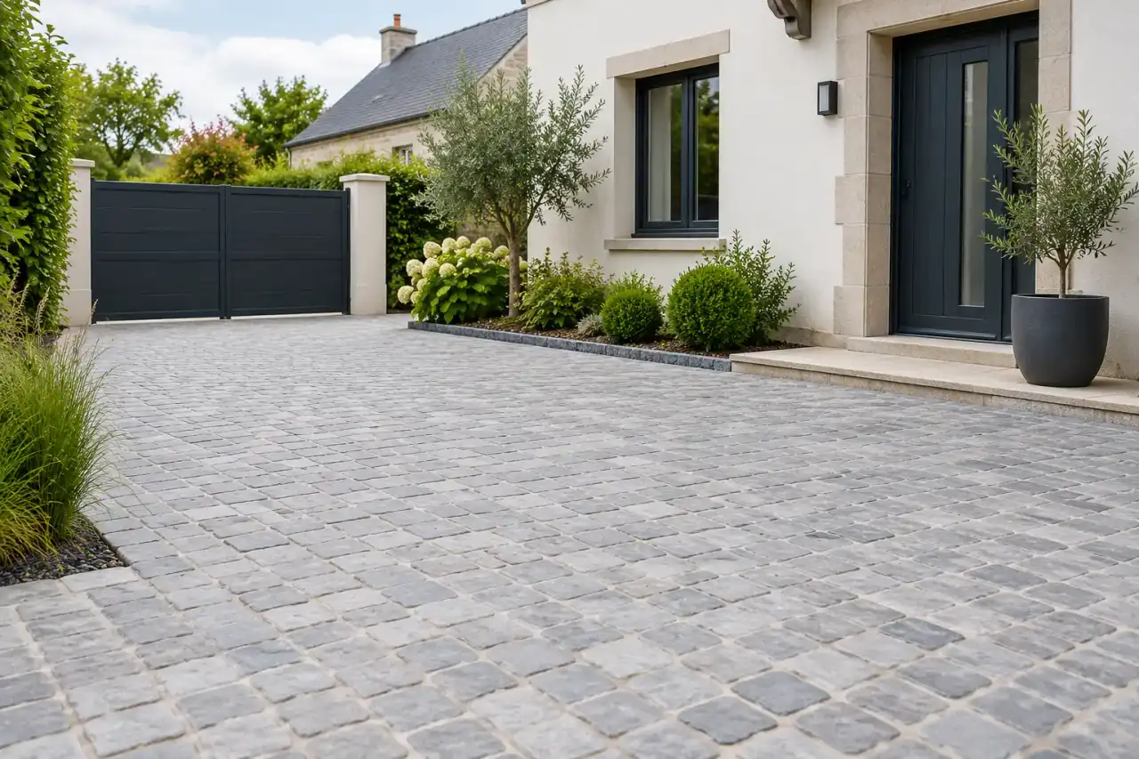 Cour en pavés gris posés régulièrement devant une maison