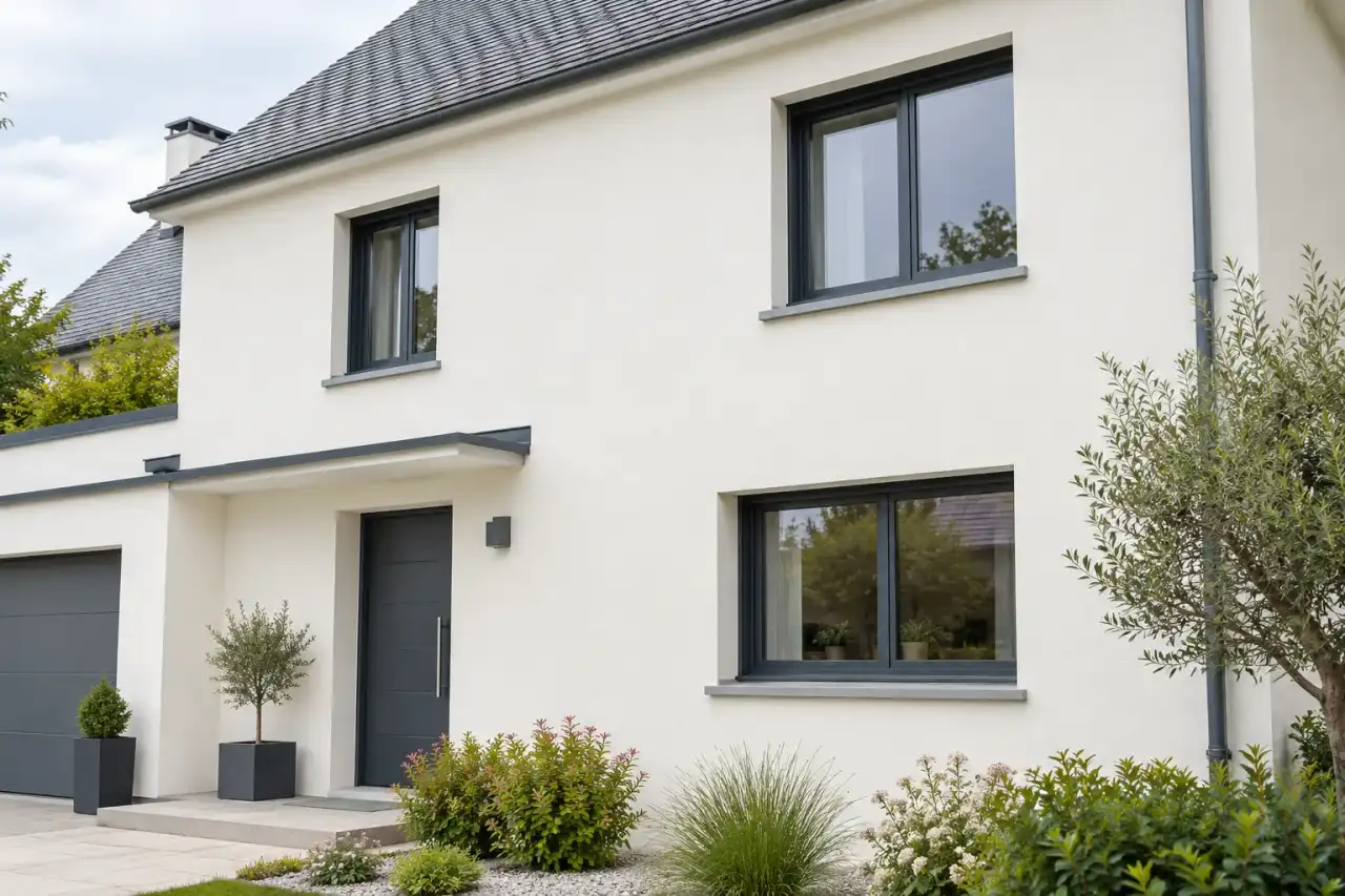 Façade de maison fraîchement peinte en blanc cassé, menuiseries grises