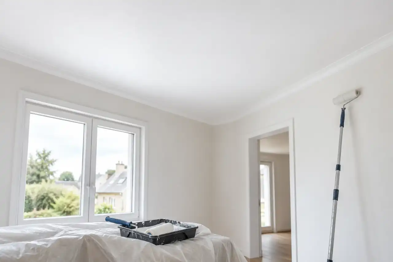 Plafond blanc mat refait, perche de peintre posée contre le mur