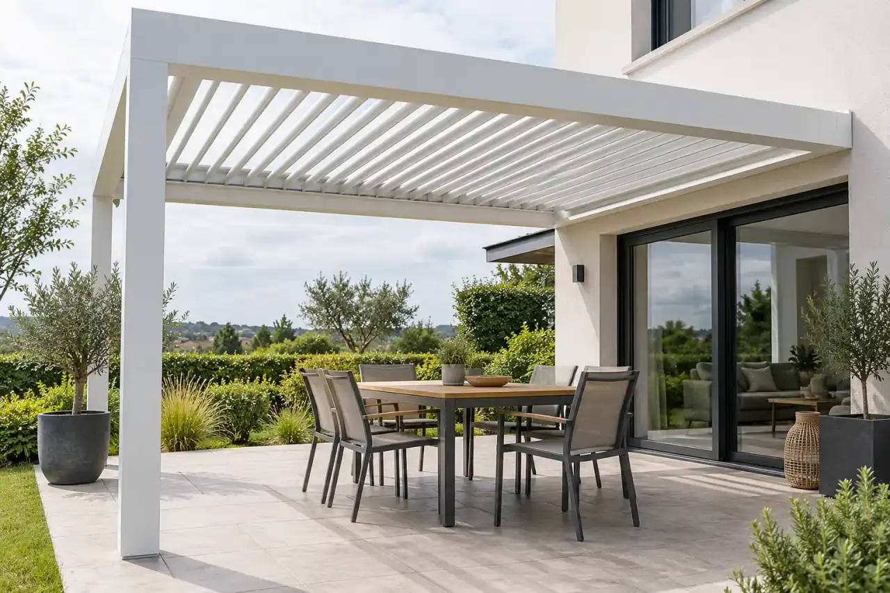 Pergola bioclimatique en aluminium blanc sur une terrasse