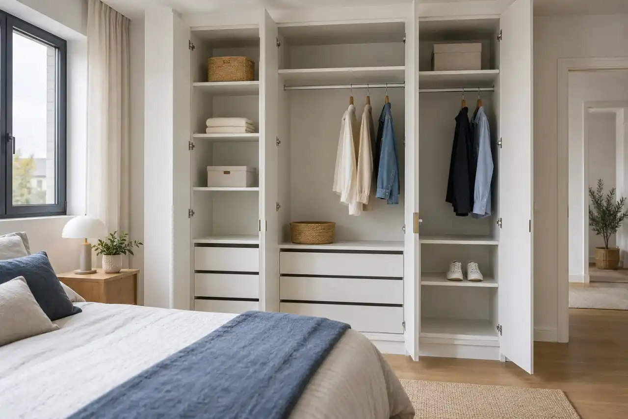 Dressing sur mesure blanc aux portes ouvertes dans une chambre