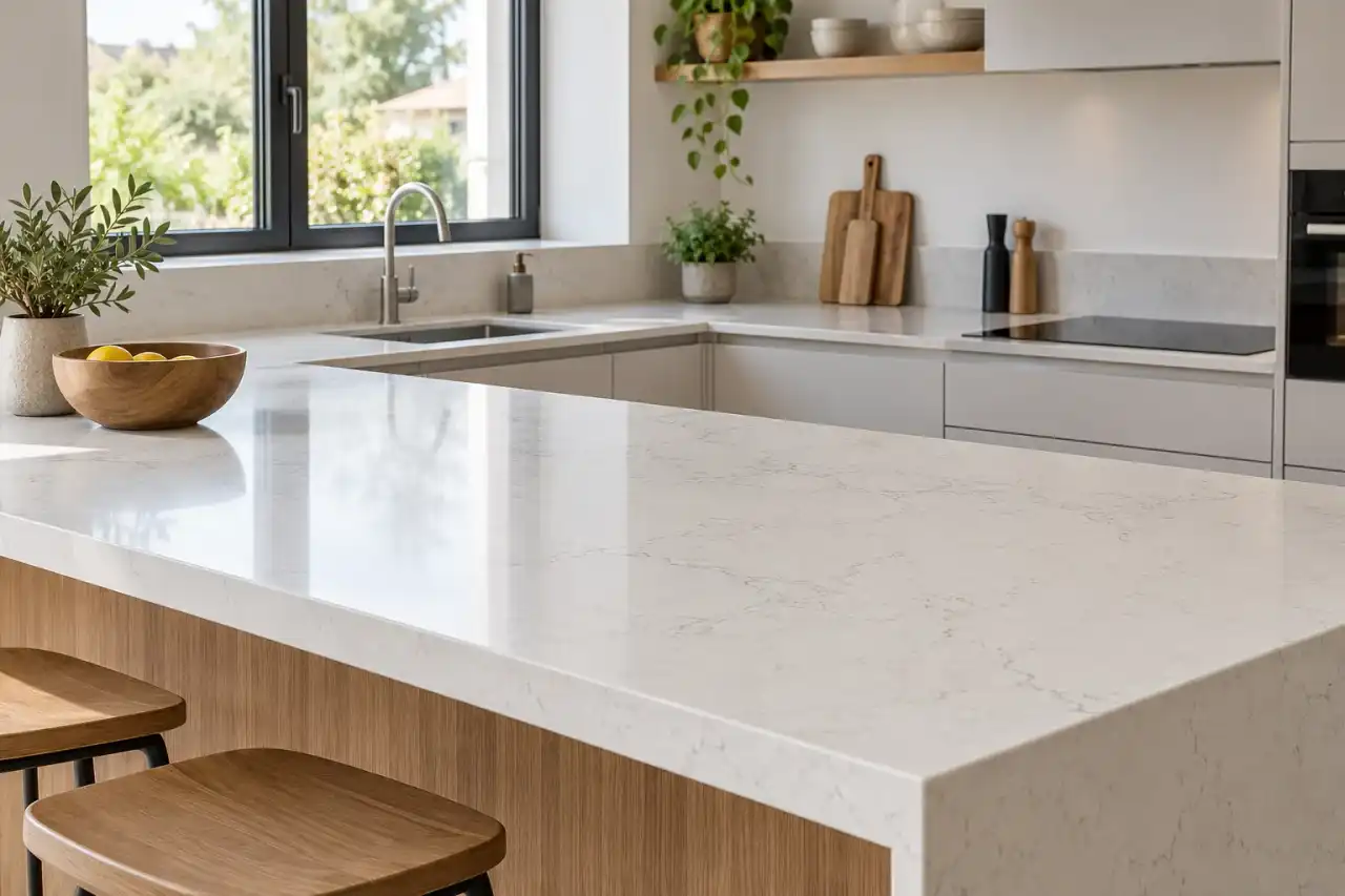 Plan de travail en quartz clair parfaitement ajusté
