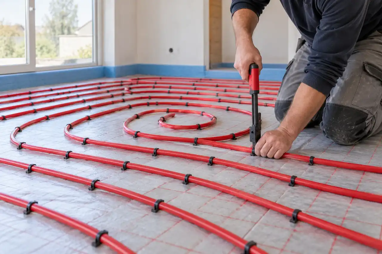 Tubes de plancher chauffant posés en spirale sur l'isolant