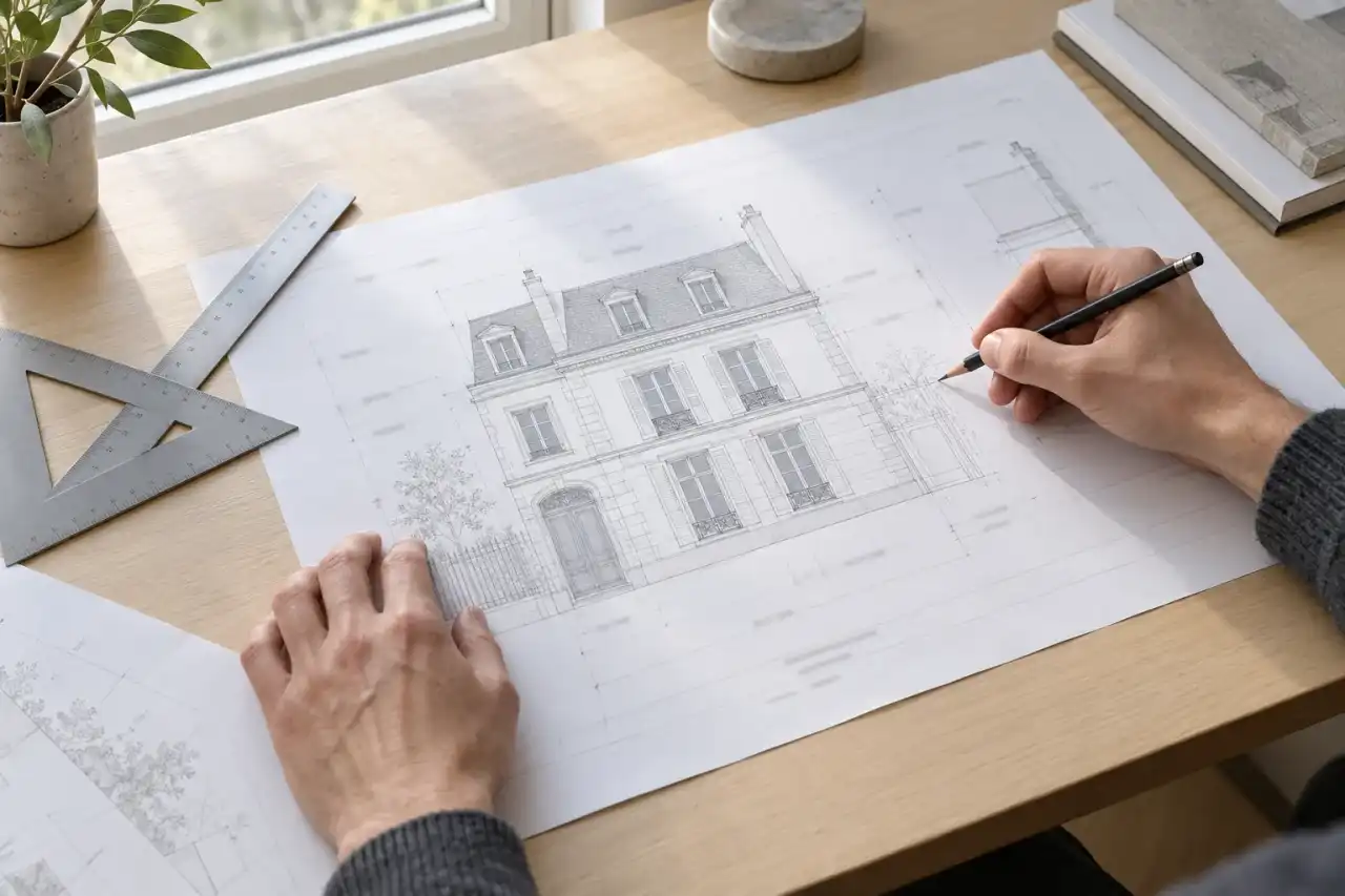 Mains qui annotent au crayon un plan de façade de maison, règle et équerre posées sur la table