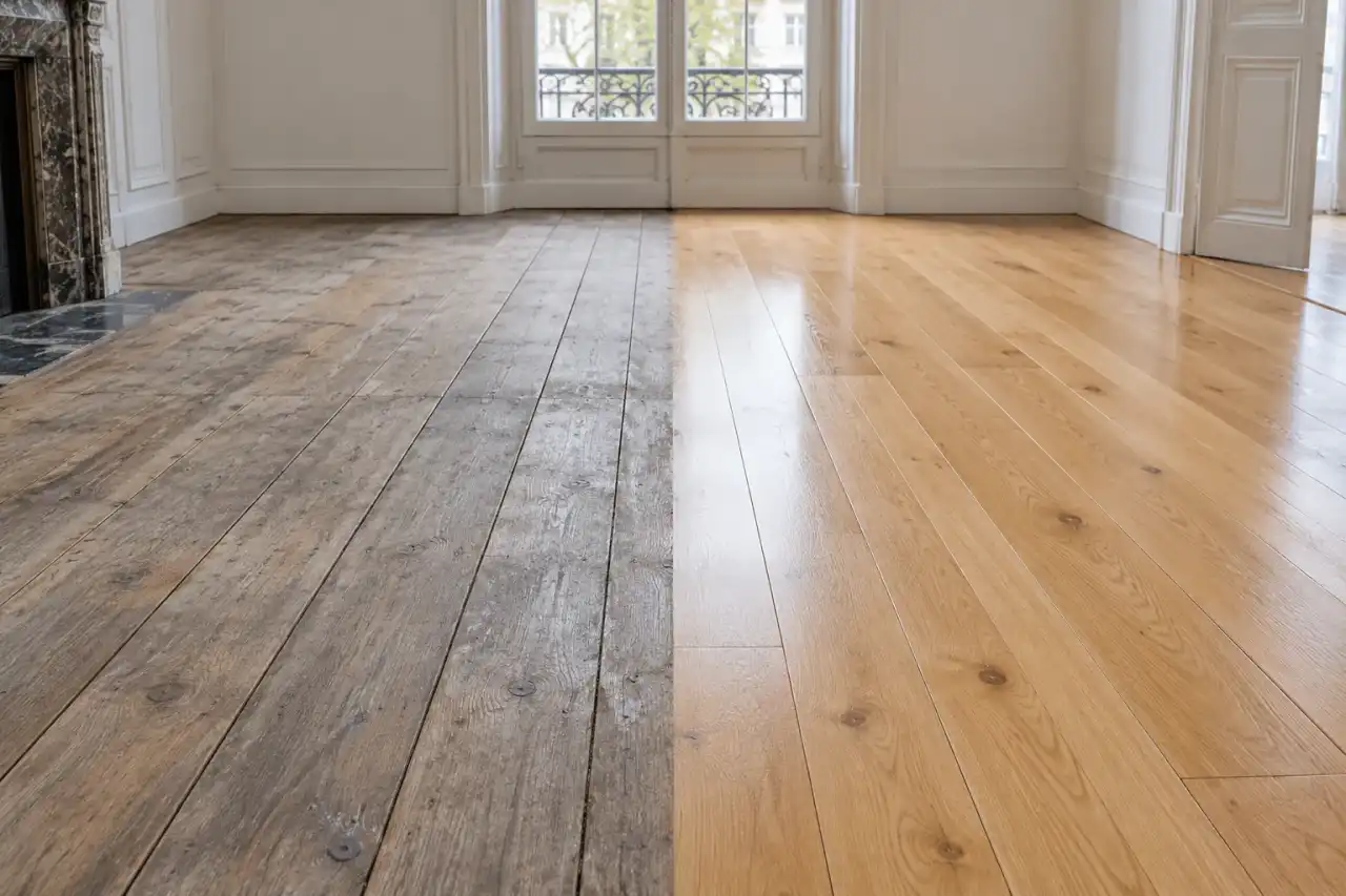 Parquet à moitié poncé et vitrifié, à côté de la partie ancienne grisée
