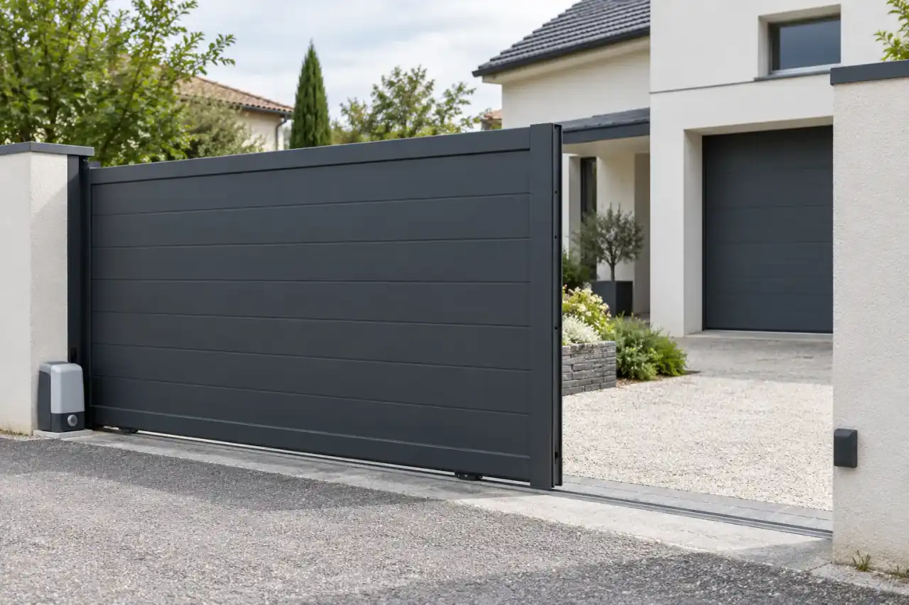 Portail coulissant en aluminium gris anthracite à moitié ouvert