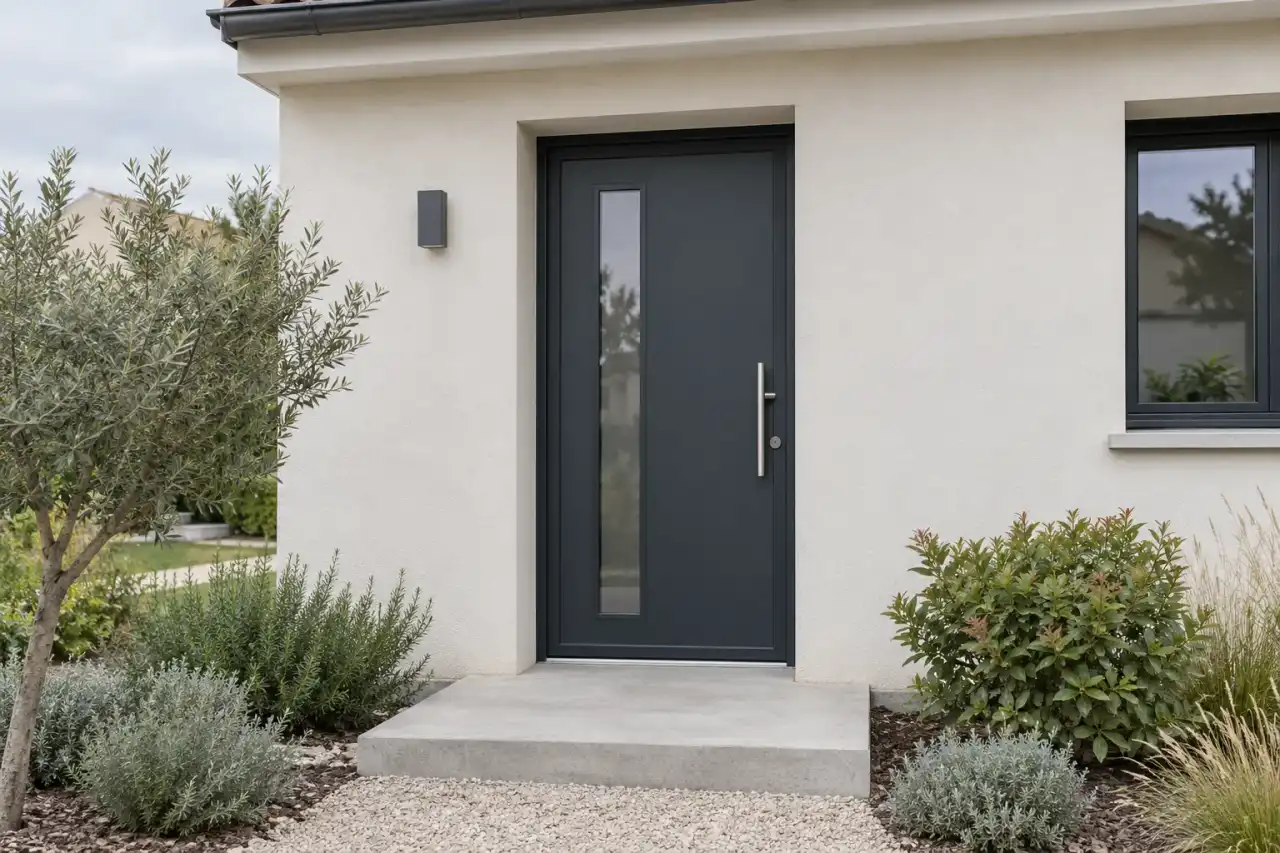 Porte d’entrée aluminium gris anthracite avec petit perron en béton.