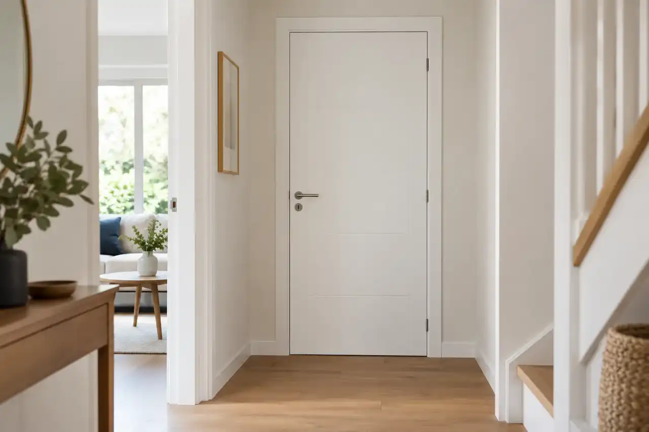 Porte intérieure blanche neuve dans un couloir clair