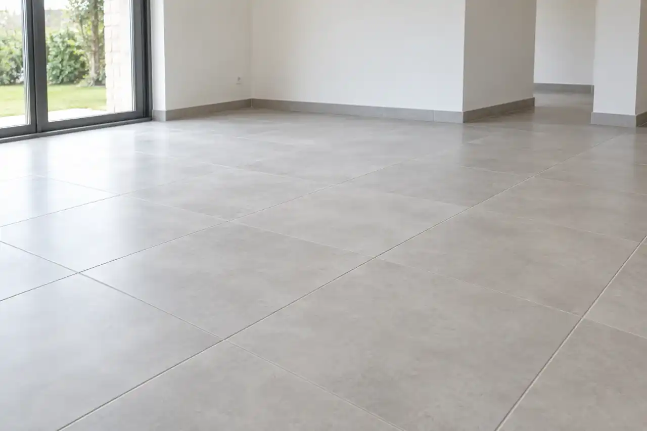 Carrelage grand format gris clair posé dans une pièce vide, joints fins