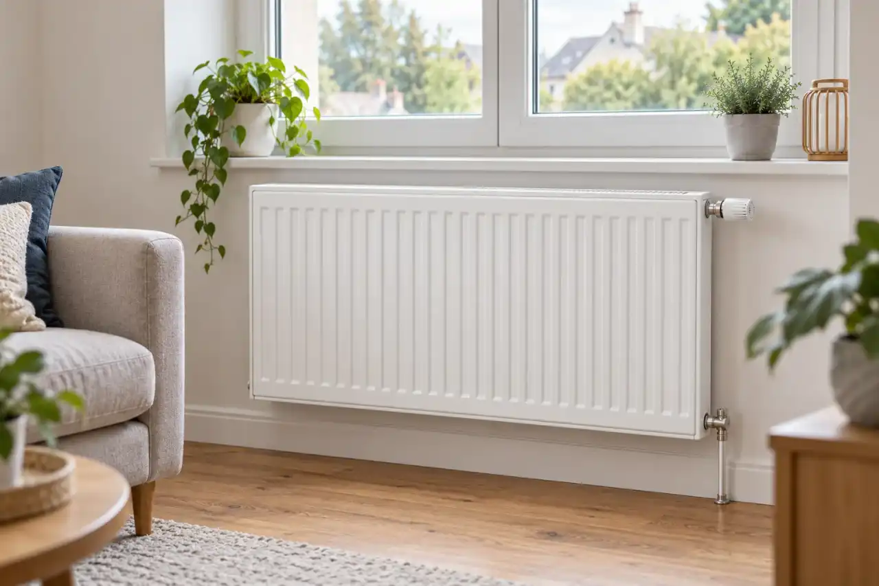Radiateur blanc neuf sous une fenêtre de séjour