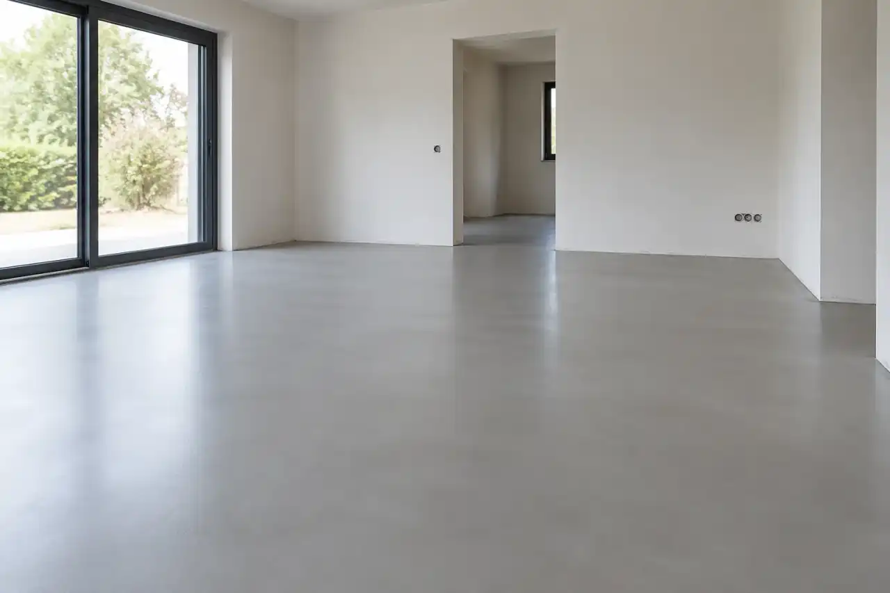 Sol en béton gris lisse et plan, prêt à recevoir un revêtement