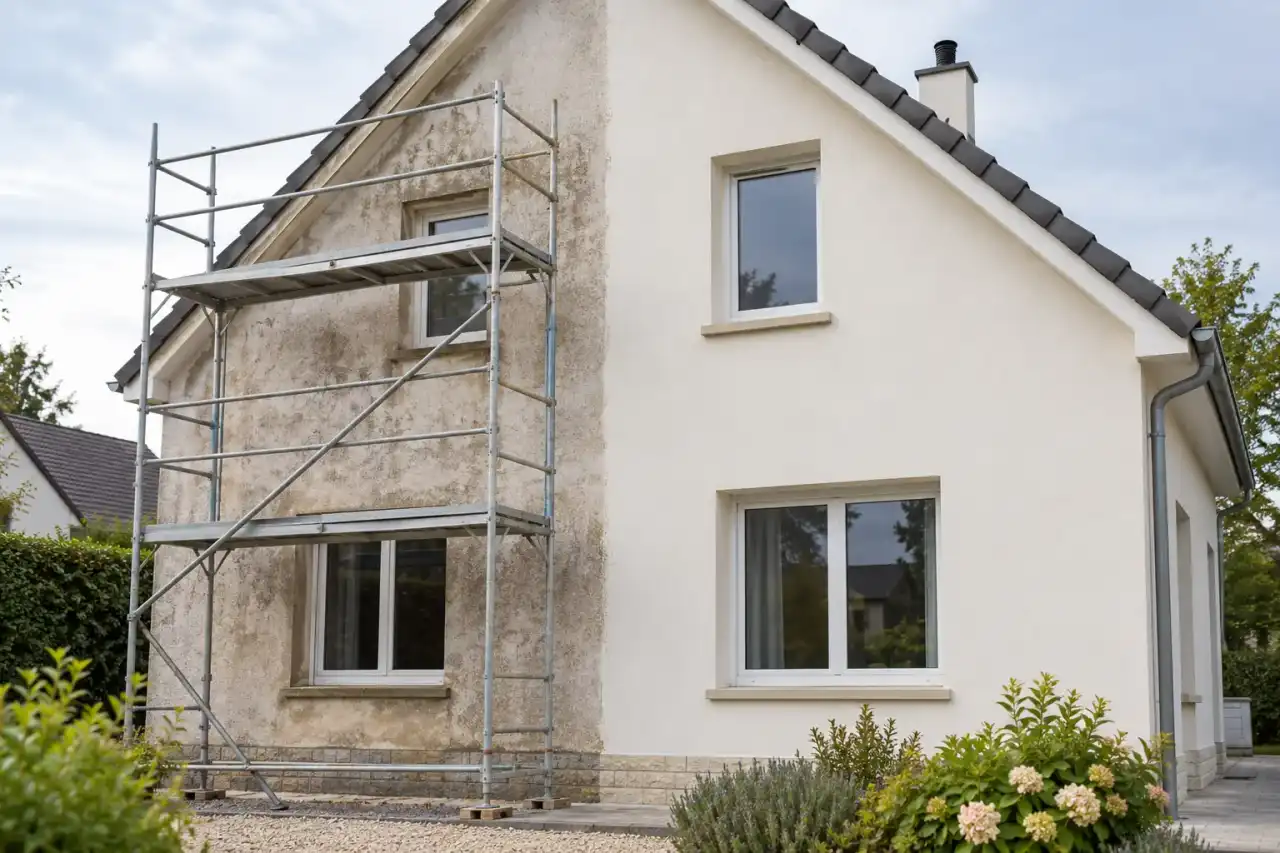 Façade de pavillon à moitié ravalée, échafaudage en place