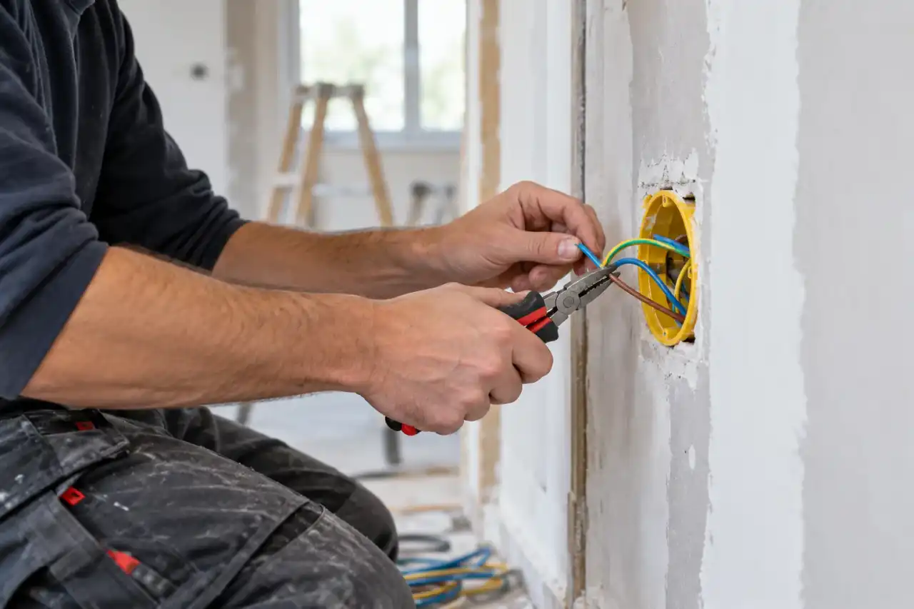 Électricien câblant une boîte d'encastrement dans un mur en travaux