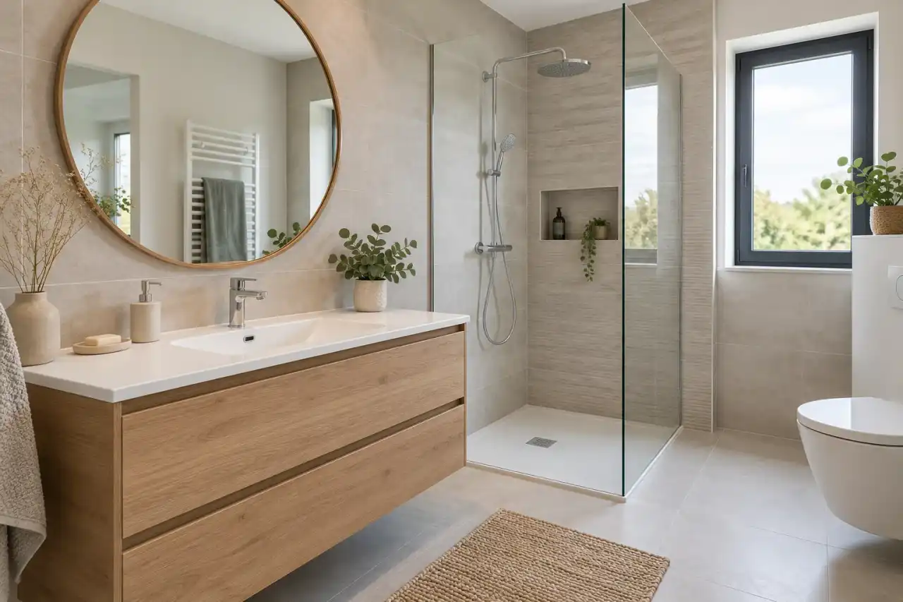 Salle de bain refaite avec meuble vasque en bois, douche et miroir rond
