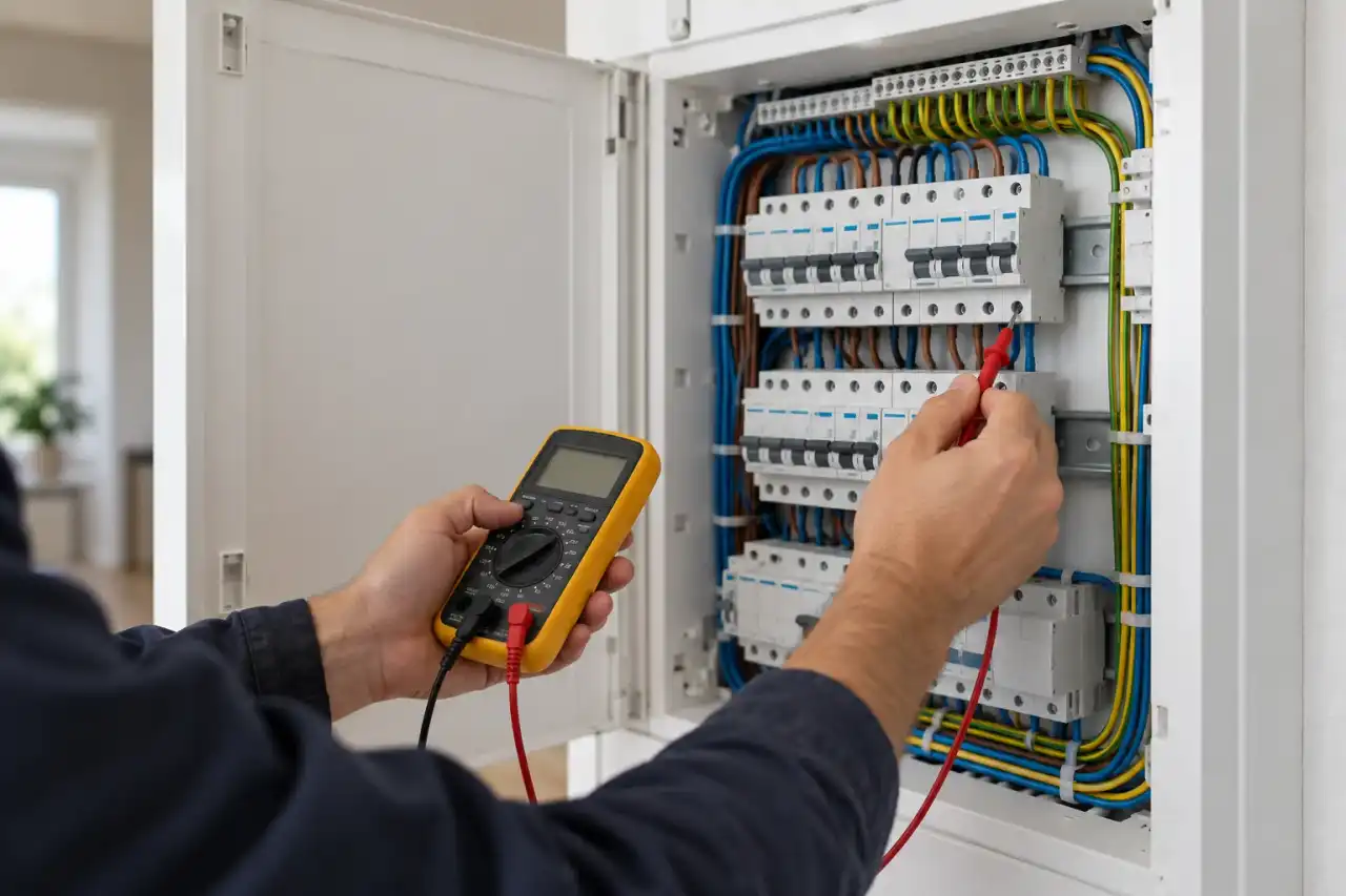 Main testant un tableau électrique neuf au multimètre