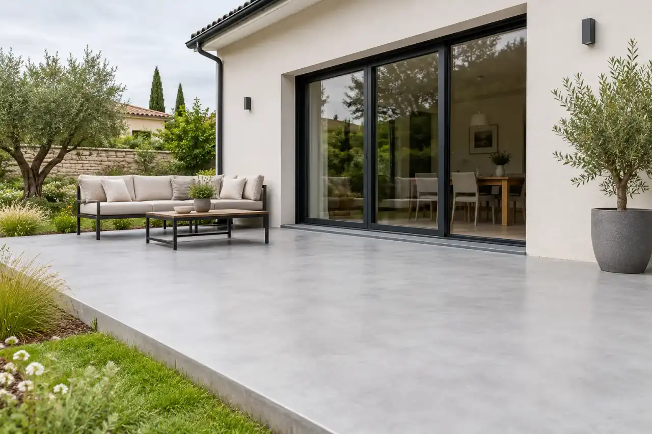 Terrasse en béton lisse gris clair devant une baie vitrée