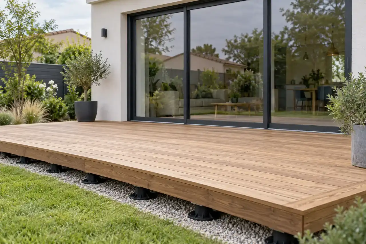 Terrasse en bois neuve sur plots devant une baie vitrée
