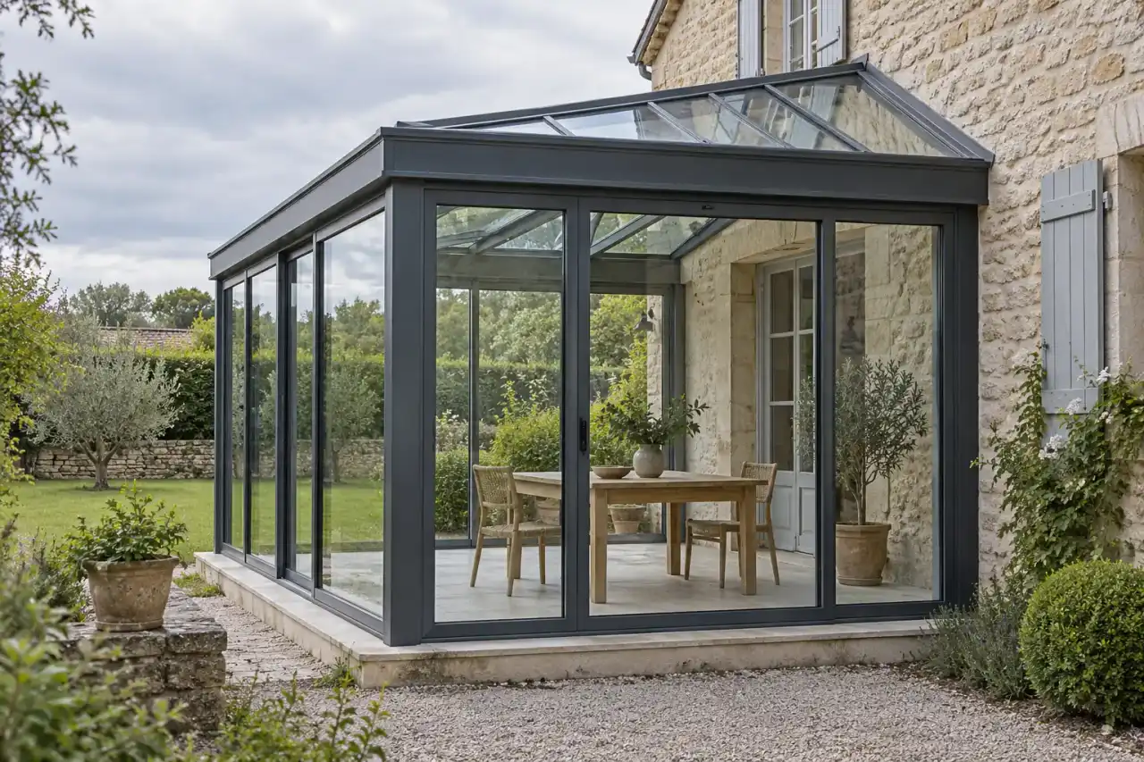 Véranda à structure aluminium anthracite et toiture vitrée accolée à une maison en pierre