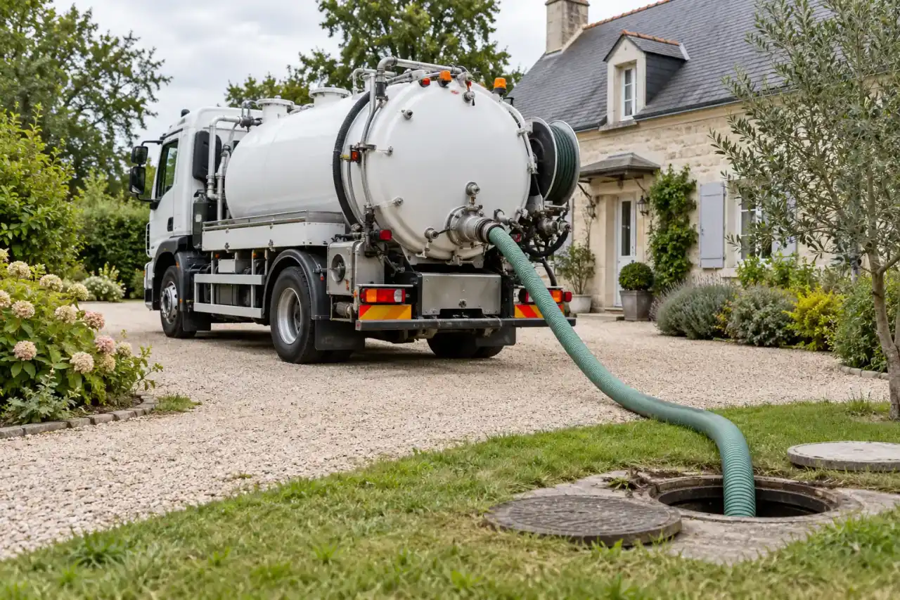 Camion de vidange dans l'allée d'une maison, tuyau relié à la fosse
