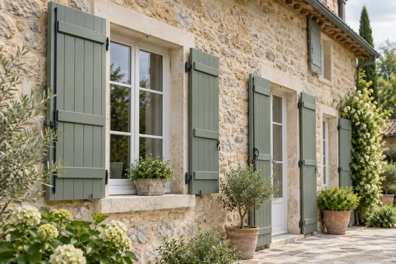 Volets battants en bois peints en gris-vert sur une maison en pierre