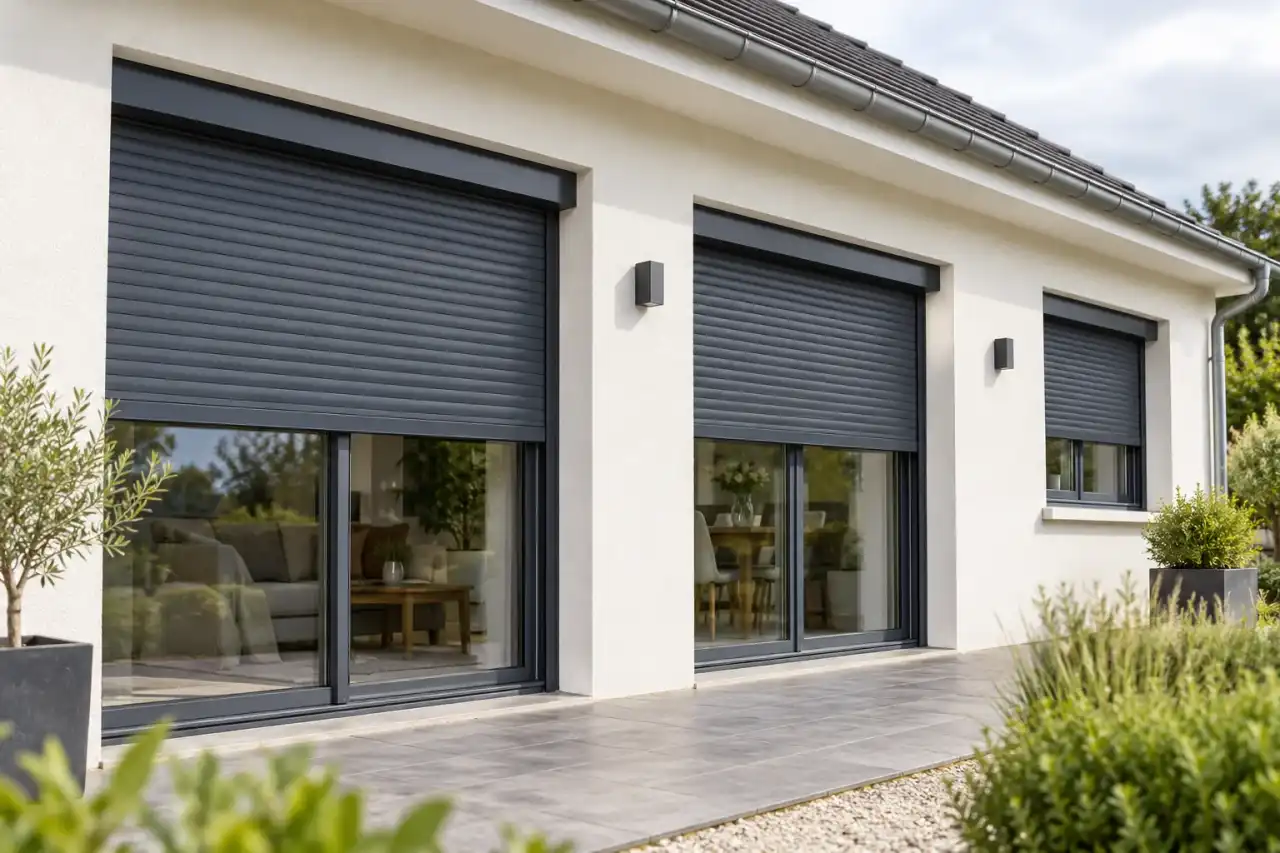 Façade avec volets roulants gris anthracite à mi-hauteur