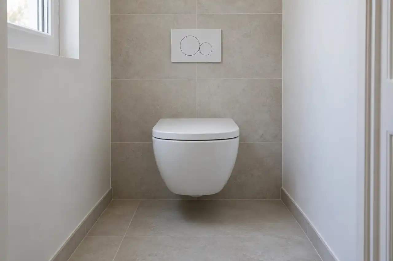 WC suspendu blanc installé sur un mur carrelé dans des toilettes sobres.